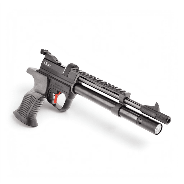 id-paintball UX SPA Master PCP Luftpistole in Schwarz mit Picatinny-Schiene und rotem Abzug
