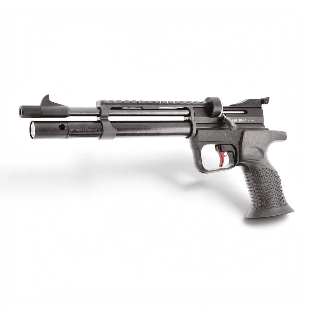 id-paintball UX SPA Master PCP Luftpistole in Schwarz mit rotem Abzug, 11-mm-Schiene und integriertem Presslufttank