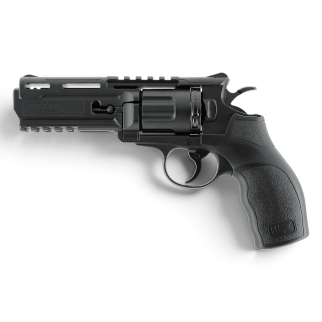id-paintball Umarex UX Tornado CO2-Revolver in Schwarz mit 10-Schuss-Trommel, Polymergehäuse und Picatinny-Schienen.