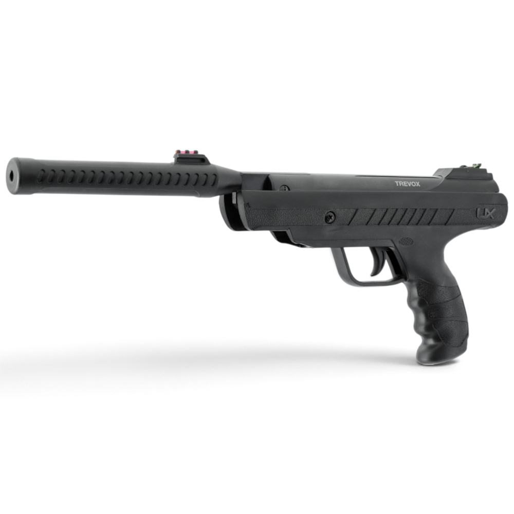 id-paintball UX Trevox Knicklauf-Luftpistole in Schwarz mit Silence Air Schalldämpfer und ergonomischem Griff