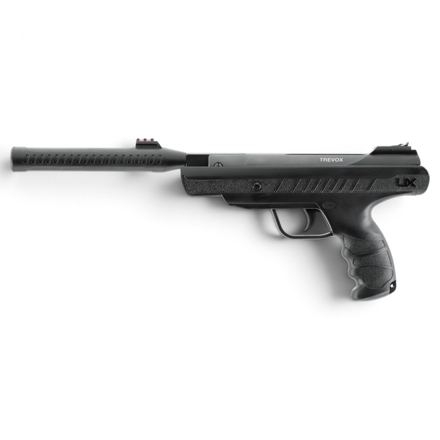 id-paintball UX Trevox Knicklauf-Luftpistole in Schwarz mit Silence Air Schalldämpfer und ergonomischem Griff