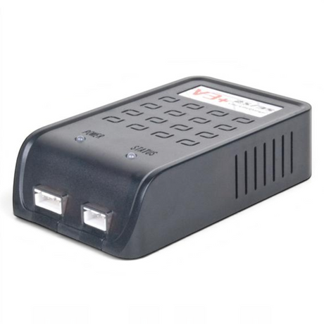 id-paintball V3 Pro Li-Po/Li-Fe Ladegerät mit zwei Balancer-Anschlüssen und LED-Statusanzeige in schwarzem Gehäuse