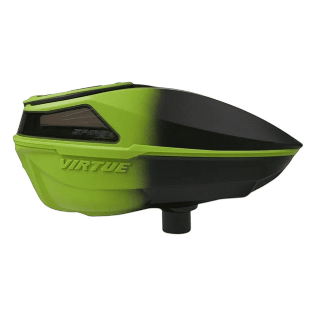 id-paintball Virtue Spire 5 Paintball Hopper in Acid Black Fade mit robustem, glasfaserverstärktem Nylon-Gehäuse.