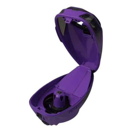 id-paintball Virtue Spire 5 Paintball Hopper in Lila-Schwarz mit geöffneter, robuster Nylon-Schale und Zuführsystem.