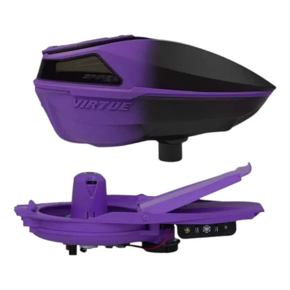 id-paintball Virtue Spire 5 Paintball Hopper in lila-schwarzem Farbverlauf mit offener und geschlossener Ansicht