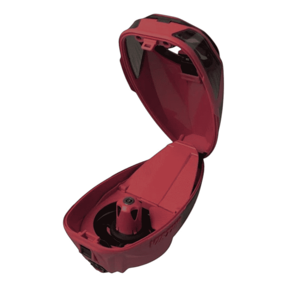 id-paintball Virtue Spire 5 Paintball Hopper in Rot-Schwarz mit geöffneter Shell und internem Spire Drive System