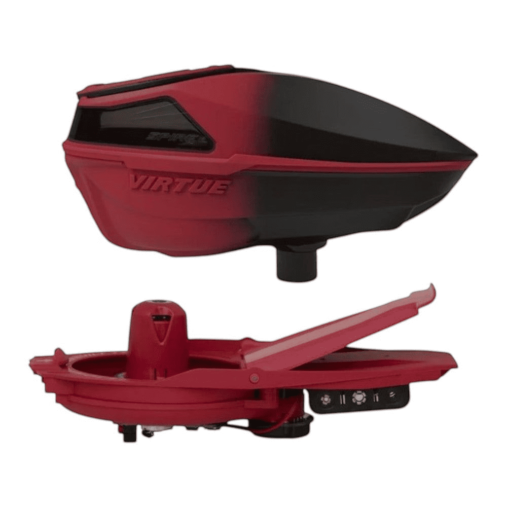 id-paintball Virtue Spire 5 Paintball Hopper in Rot-Schwarz-Farbverlauf mit geöffneter Inneneinheit und Sensoren