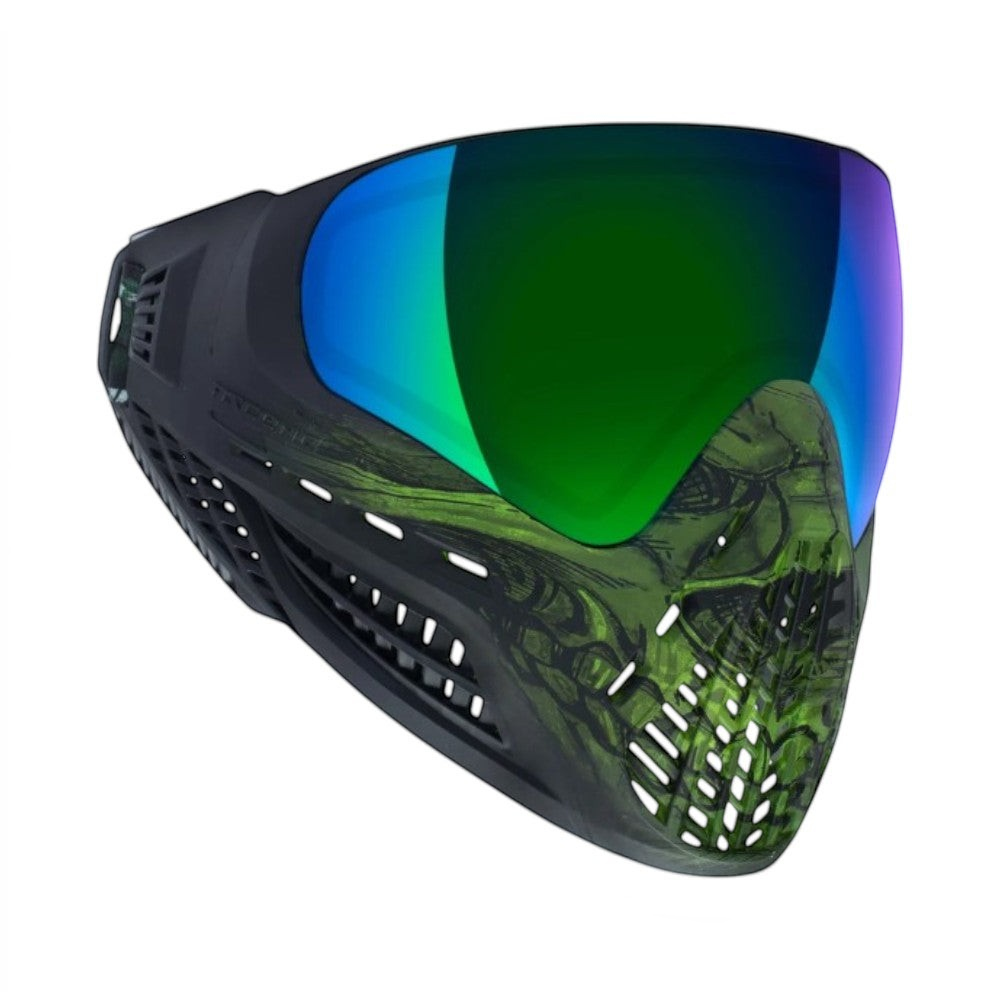 id-paintball Virtue VIO Ascend Paintball Maske mit grünem Acid Skull Design und verspiegeltem Thermal-Glas