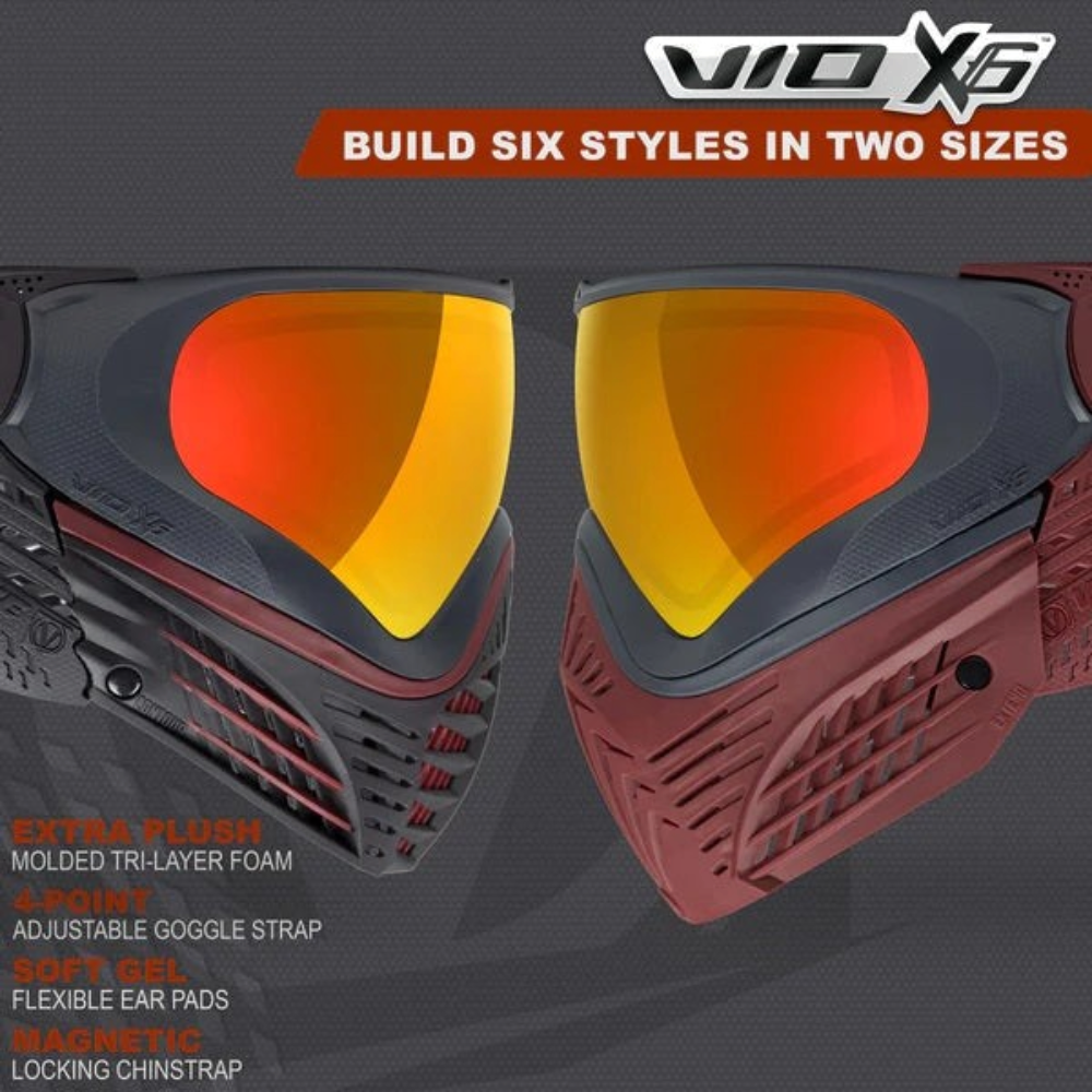 id-paintball Virtue VIO X6 Paintball Maske in Red Fire mit zwei verschiedenen Design-Varianten und orangem Visier