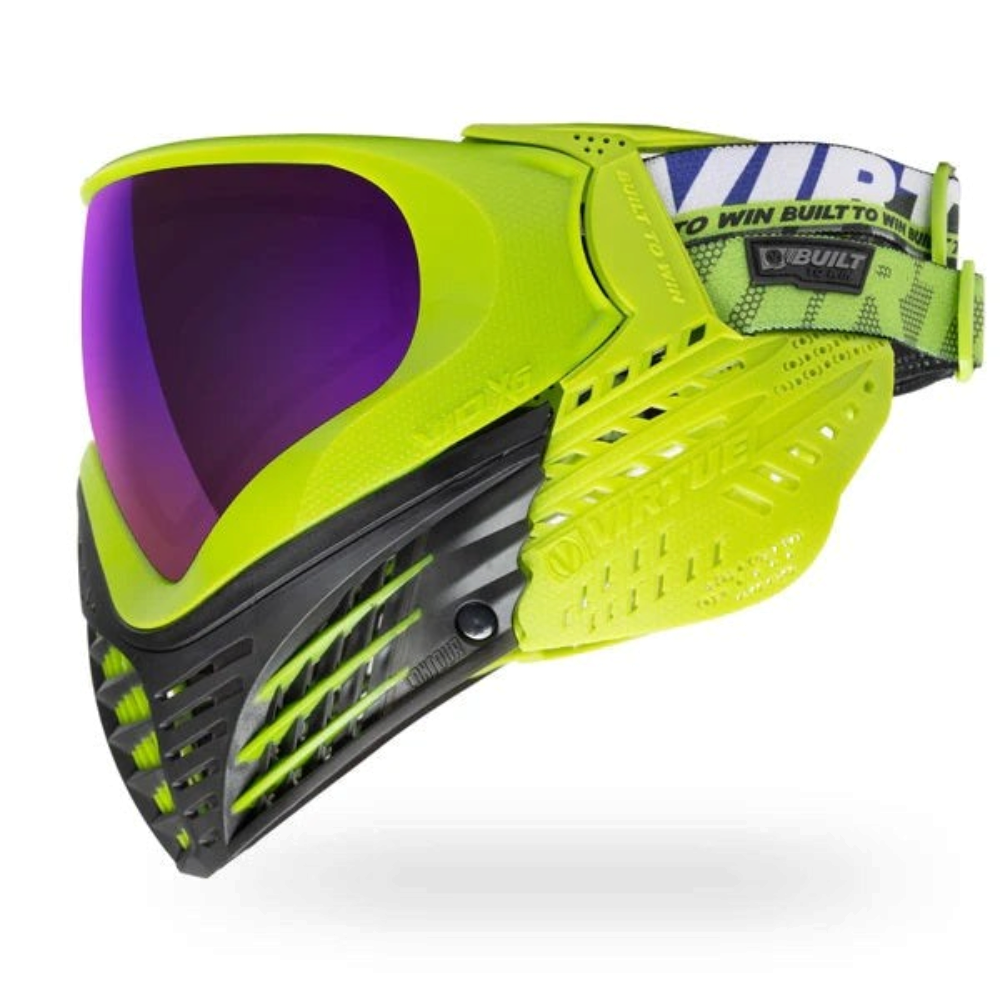 id-paintball Virtue VIO X6 Paintball Maske in Acid Black mit lila Linse und verstellbarem Kopfband