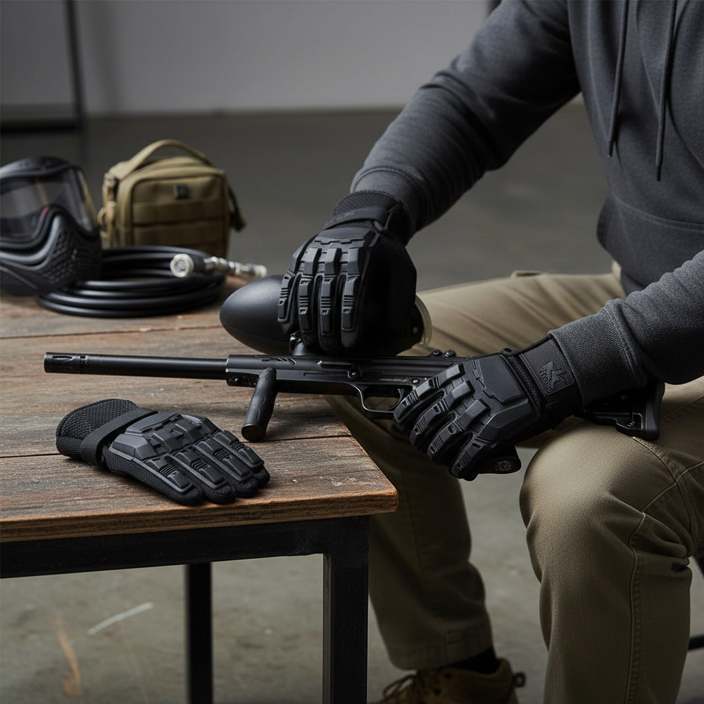 id-paintball Vollfingerhandschuhe in Schwarz mit Hartschalen-Protektoren auf dem Handrücken für Paintballspieler