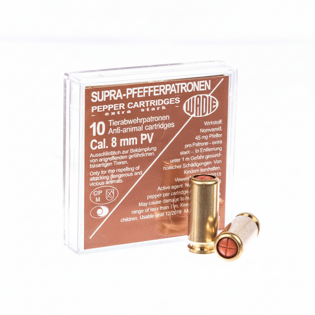 id-paintball Wadie Supra Pfefferpatronen 8mm Kaliber mit 45mg Nonivamid Wirkstoff in transparenter Kunststoffbox