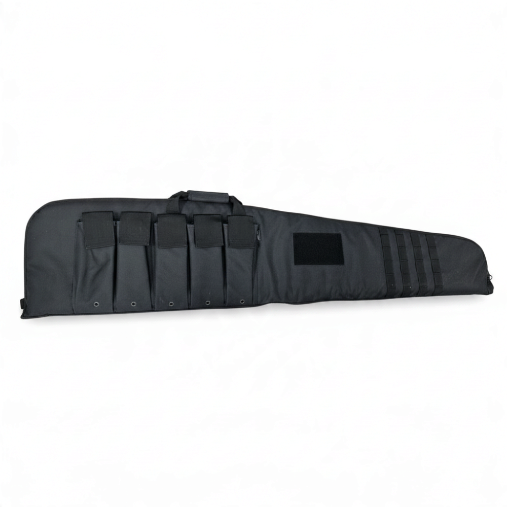 id-paintball Waffentasche Medium aus schwarzem Polyester mit Molle-Schlaufen, Außentaschen und Klettpatch
