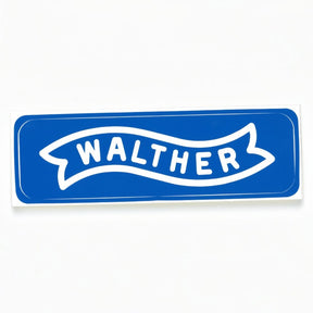 id-paintball Walther Aufkleber in Blau mit weißem Logo Schriftzug im Banner-Design, 85x24 mm
