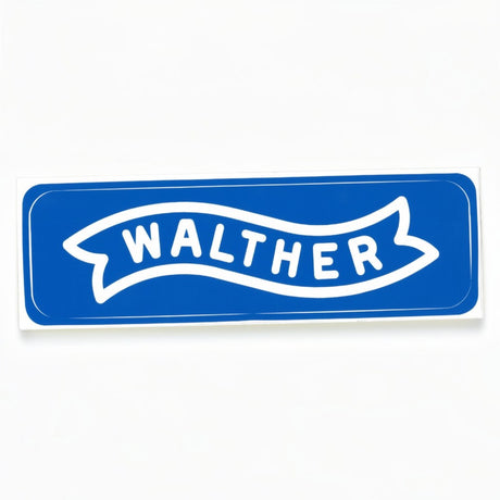 id-paintball Walther Aufkleber in Blau mit weißem Logo Schriftzug im Banner-Design, 85x24 mm