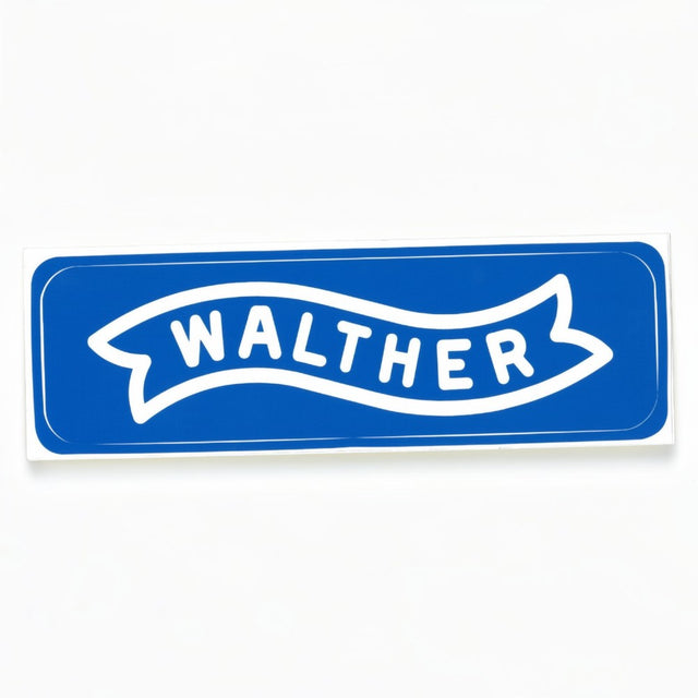 id-paintball Walther Aufkleber in Blau mit weißem Logo Schriftzug im Banner-Design, 85x24 mm
