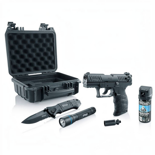 id-paintball Walther P22Q Ready 2 Defend Kit mit Schreckschusspistole, Pfefferspray, Messer und LED-Taschenlampe
