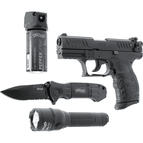 id-paintball Walther P22Q Ready 2 Defend Kit mit Schreckschusspistole, Pfefferspray, Messer und LED-Taschenlampe
