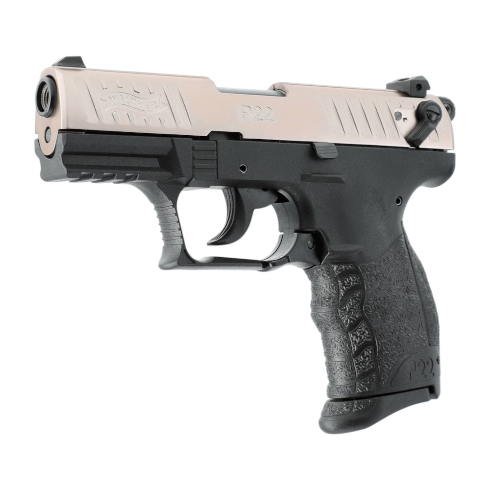 id-paintball Walther P22Q Schreckschusspistole in Nickel Edition mit schwarzem Hi-Grip Griffstück und Picatinny-Schiene