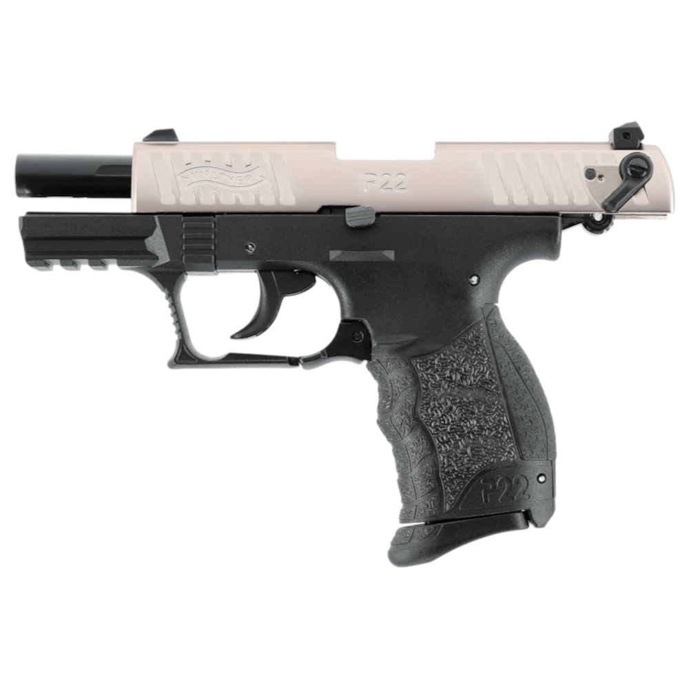 id-paintball Walther P22Q Schreckschusspistole in Nickel-Optik mit schwarzem Hi-Grip Griffstück und Picatinny-Schiene