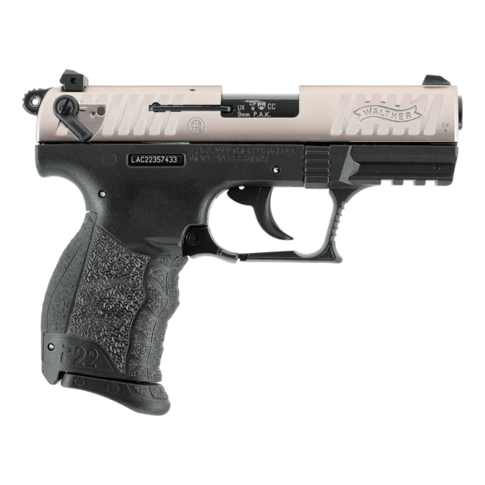 id-paintball Walther P22Q Schreckschusspistole in Nickel Edition mit schwarzem Hi-Grip Griffstück und Picatinny-Schiene