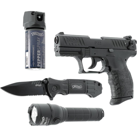 id-paintball Walther P22Q Ready 2 Defend Kit mit schwarzer Schreckschusspistole, Pfefferspray, Messer und Taschenlampe