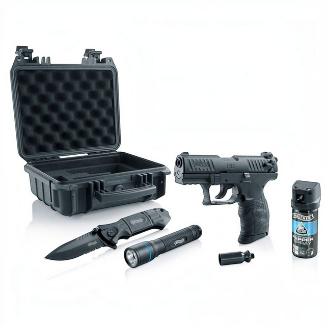 id-paintball Walther P22Q Ready 2 Defend Set mit Schreckschusspistole, Messer, Taschenlampe und Pfefferspray im Koffer