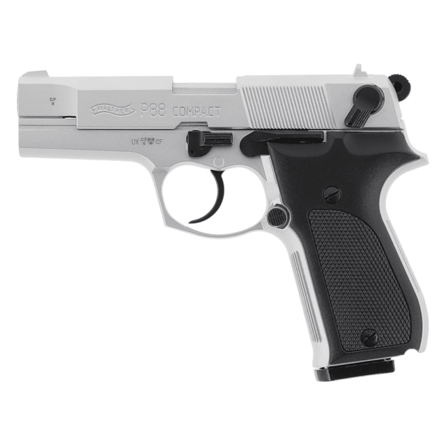 id-paintball Walther P88 Bicolor Nickel 9mm P.A.K. Schreckschusspistole mit schwarzen Kunststoffgriffschalen