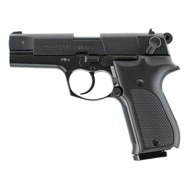 id-paintball Walther P88 Compact Schreckschusswaffe in Schwarz mit ergonomischem Kunststoffgriff und beidseitiger Sicherung