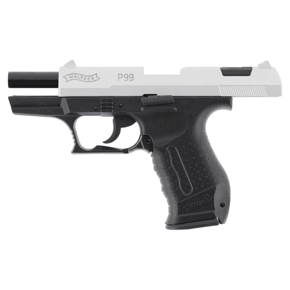 id-paintball Walther P99 Bicolor Schreckschusswaffe mit schwarzem Polymer-Griffstück und vernickeltem Schlitten