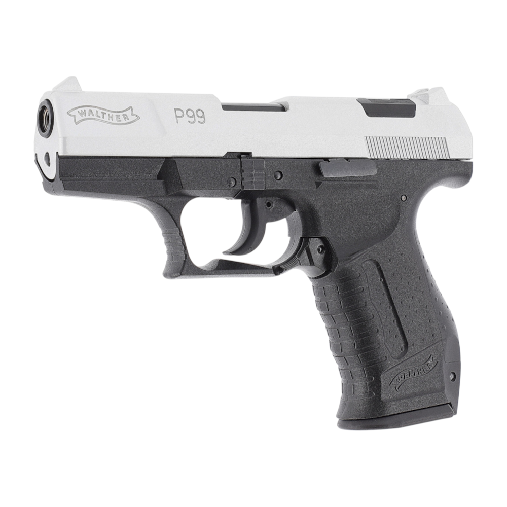 id-paintball Walther P99 Schreckschusswaffe Bicolor mit schwarzem Polymer-Griffstück und vernickeltem Schlitten