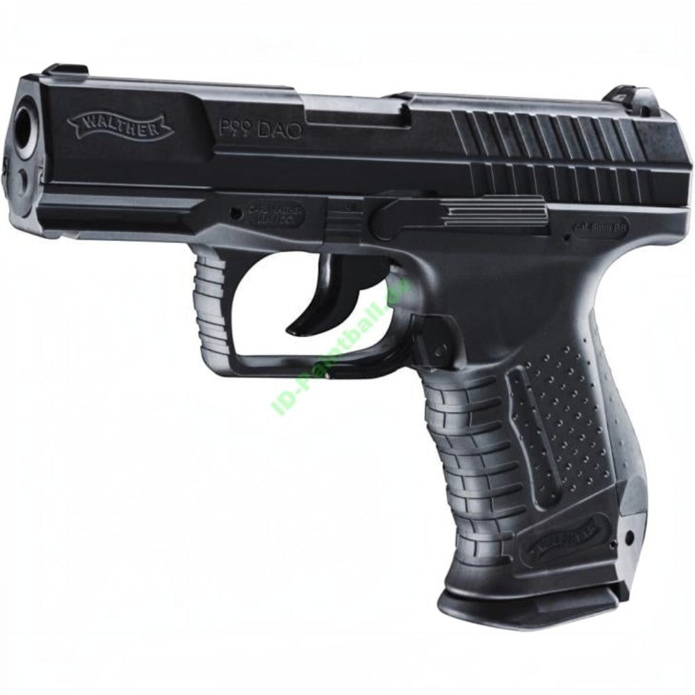 id-paintball Walther P99 DAO CO2 Airsoftpistole mit schwarzem Metallschlitten und strukturierter Griffschale