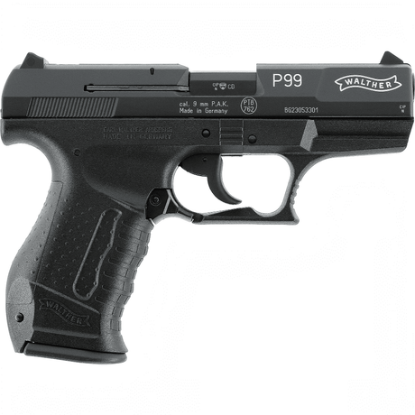 id-paintball Walther P99 Schreckschusspistole in Schwarz mit ergonomischem Polymer-Griffstück und 9mm Kaliber