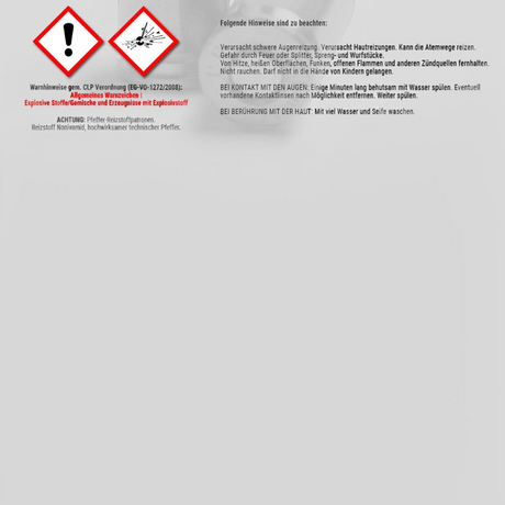 id-paintball Walther 9mm P.A. Pfeffer-Gas Patronen mit Warnhinweisen zur Selbstverteidigung und OC-Wirkstoff.