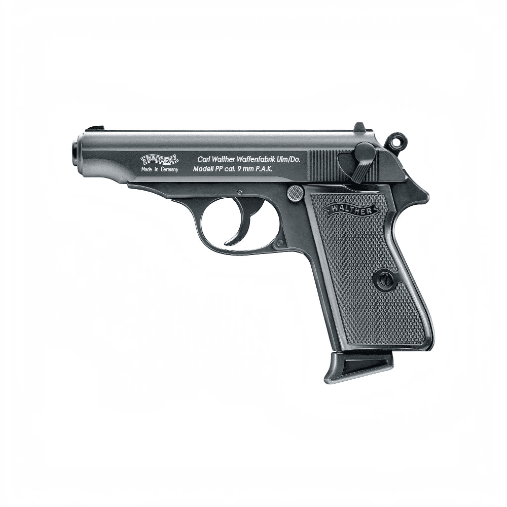 id-paintball Walther PP 9mm P.A.K. Schreckschusspistole in Schwarz mit klassischem Design und Double-Action-Abzug