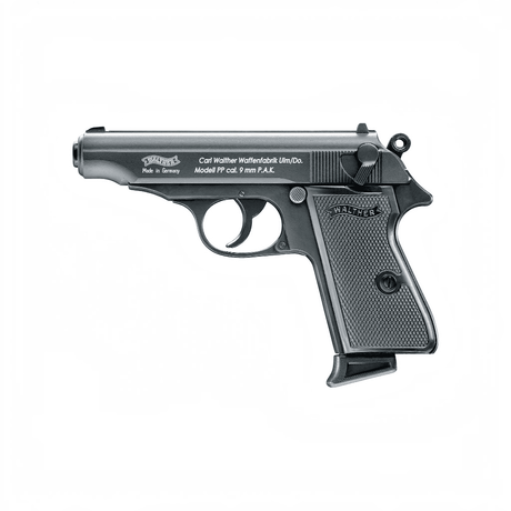 id-paintball Walther PP 9mm P.A.K. Schreckschusspistole in Schwarz mit klassischem Design und Double-Action-Abzug