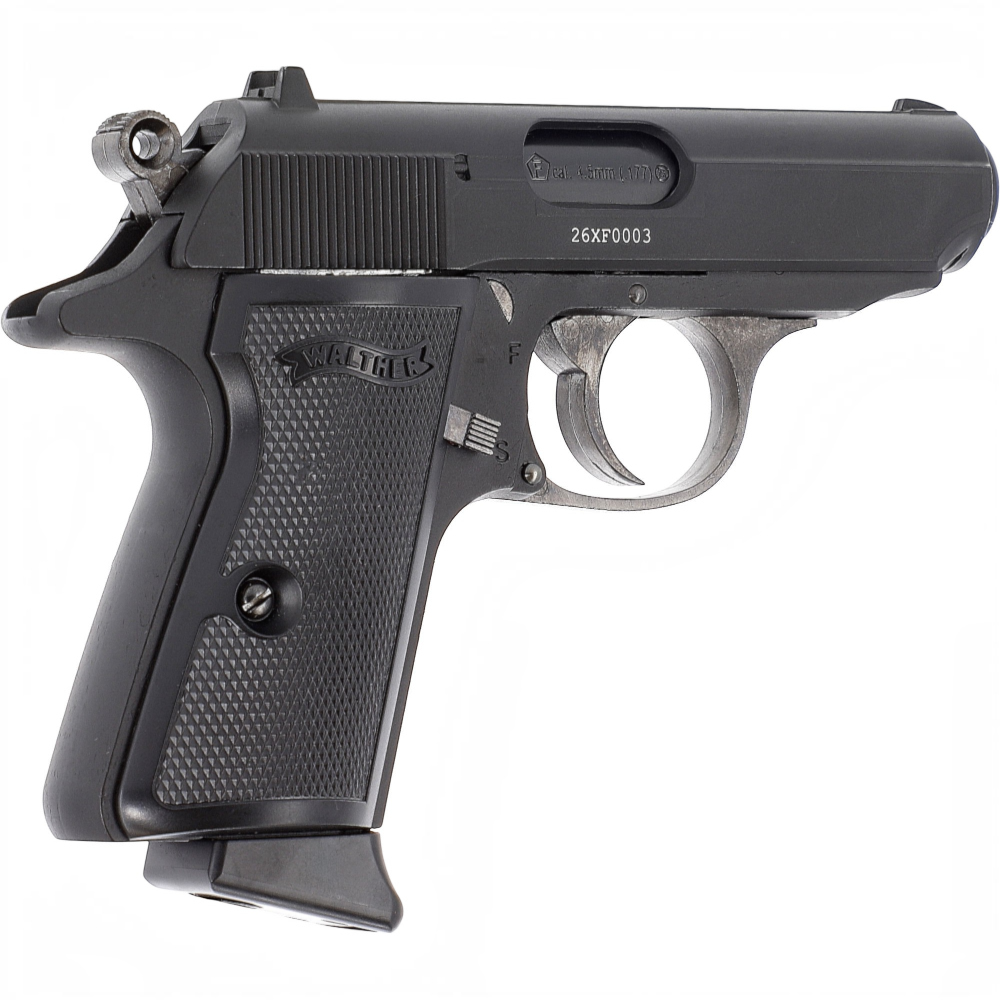 id-paintball Walther PPK/S CO2-Luftpistole aus Vollmetall in Schwarz mit Blowback-System und 4,5 mm Kaliber.