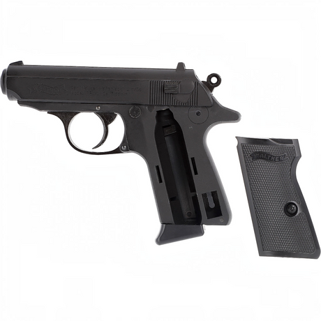 id-paintball Walther PPK/S CO2-Pistole in Vollmetall mit abgenommener Griffschale und sichtbarem CO2-Kapselschacht