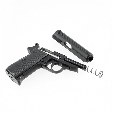 id-paintball Walther PPK/S CO2-Pistole in schwarzer Vollmetall-Ausführung mit abgenommenem Schlitten und Feder