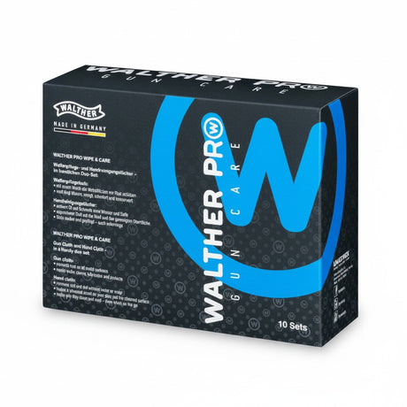 id-paintball Walther PRO Wipe & Care Pflegetücher Duo-Set in schwarzer Verpackung mit blauem Logo für Metallpflege