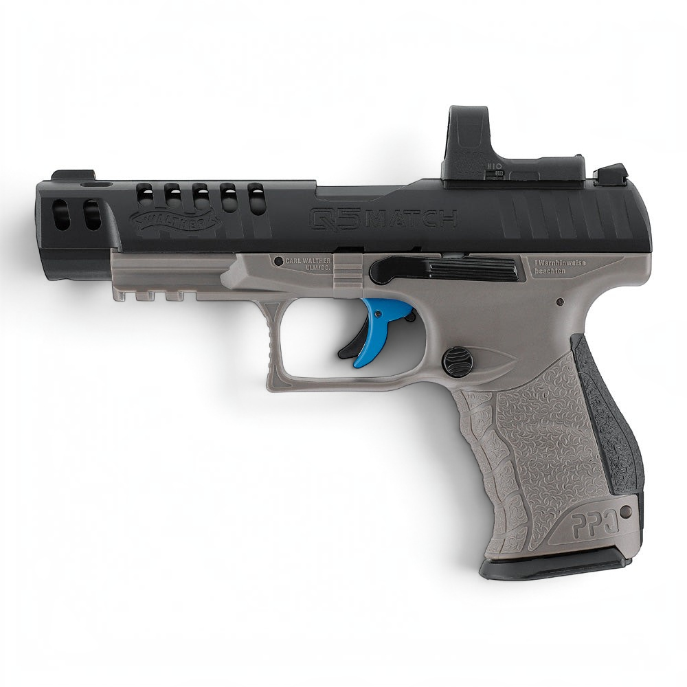 id-paintball Walther Q5 Match Combo CO2-Pistole in Tungsten Gray mit RDS 8 Leuchtpunktvisier und blauem Abzug