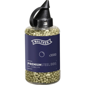 id-paintball Walther Premium Steel BBs 4,5 mm in einer transparenten Flasche mit 3000 goldglänzenden Stahlkugeln