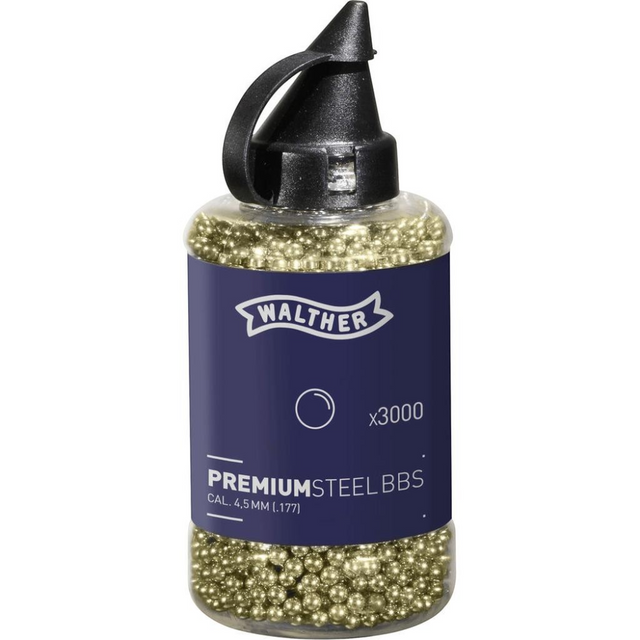 id-paintball Walther Premium Steel BBs 4,5 mm in einer transparenten Flasche mit 3000 goldglänzenden Stahlkugeln