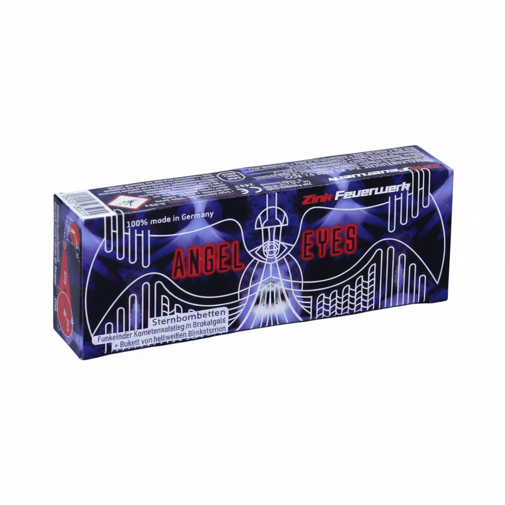 id-paintball Zink Angel Eyes 15mm Signalsterne in blauer Verpackung mit goldenem Kometen- und Blinkeffekt