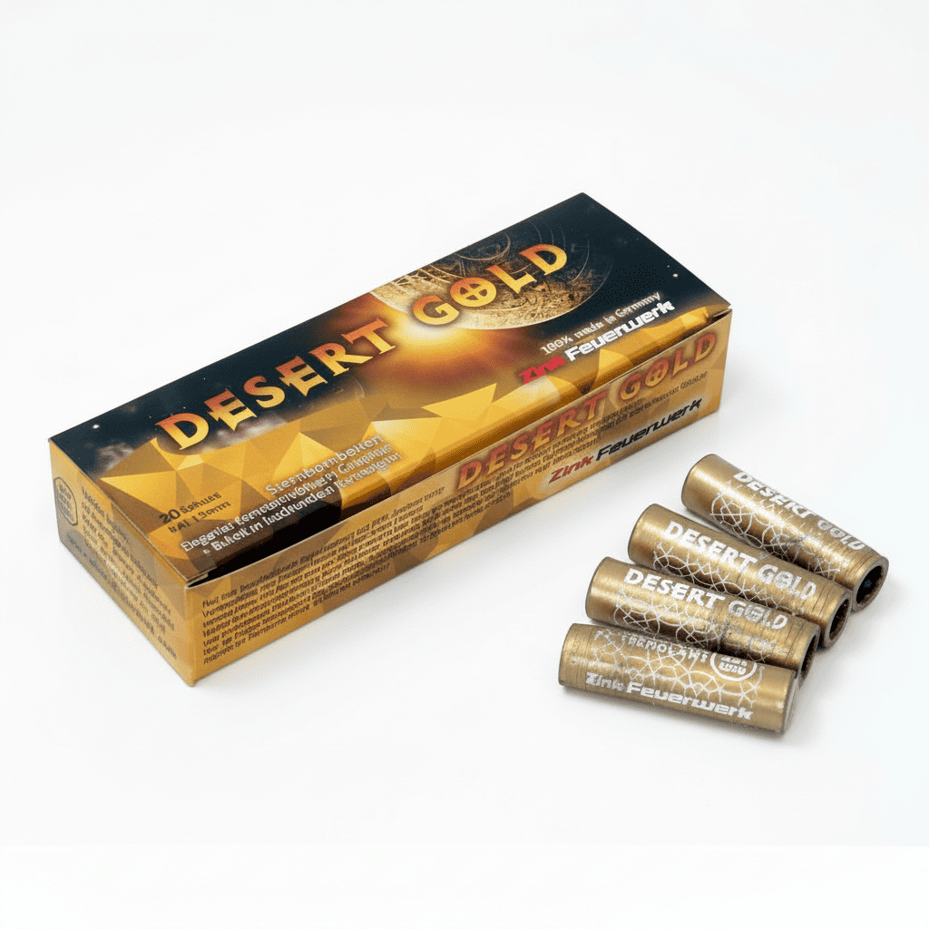 id-paintball Zink Desert Gold 15mm Pyro-Set mit 20 Sternbombetten für Schreckschusswaffen in goldener Verpackung