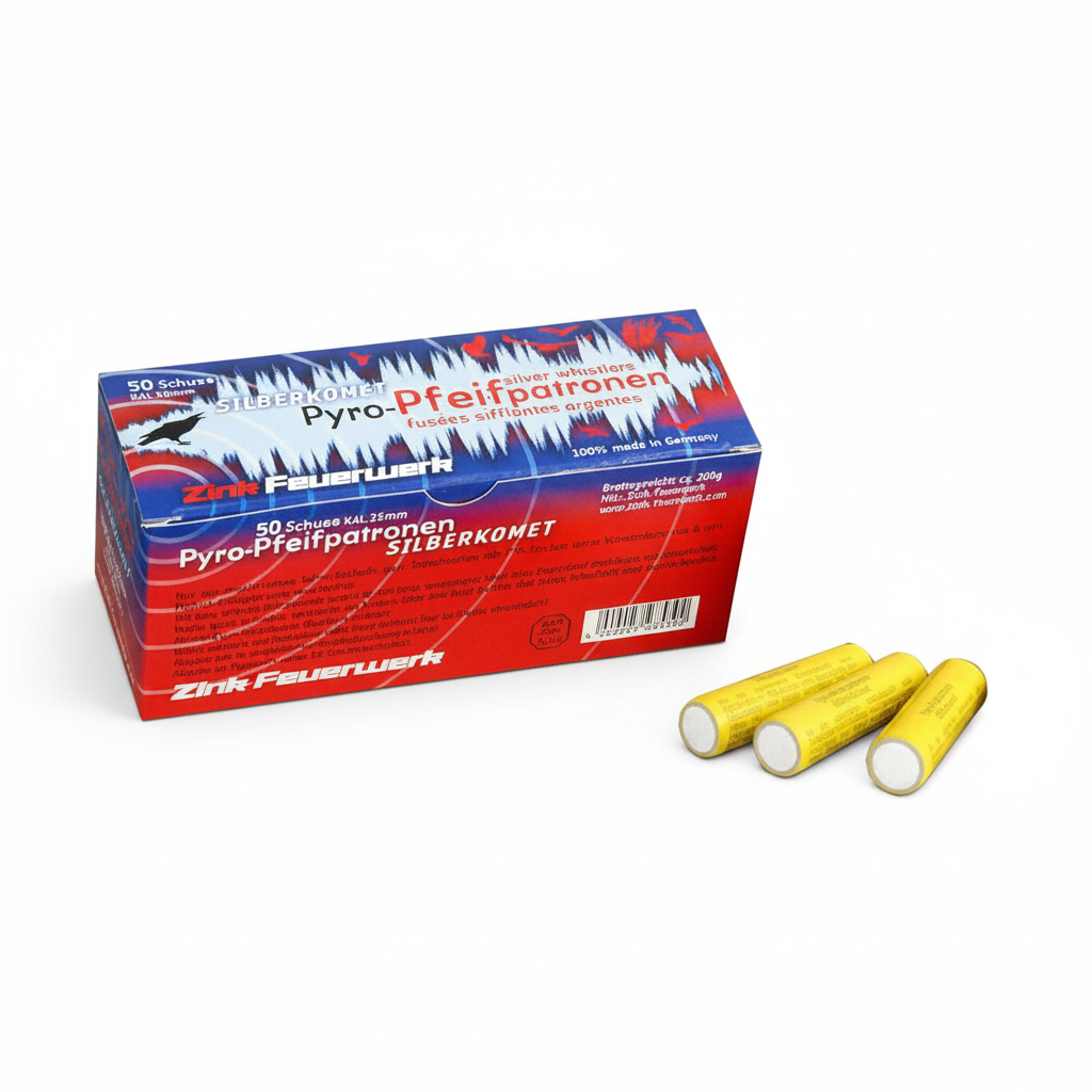 id-paintball Zink 539 Pfeifpatronen Silberkomet 15mm mit 50er Packung und drei gelben Signalpatronen