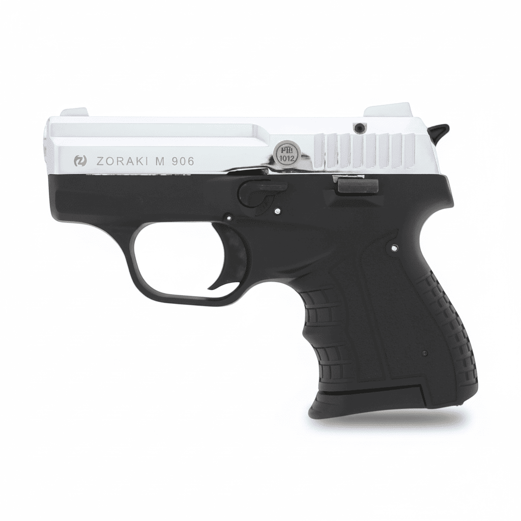id-paintball Zoraki 906 Schreckschusspistole in mattem Chrom und Schwarz mit kompaktem Polymergriff