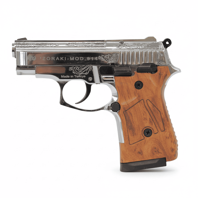 id-paintball Zoraki 914 Schreckschusspistole in Chrom mit aufwendiger Gravur und braunen Holzoptik-Griffschalen