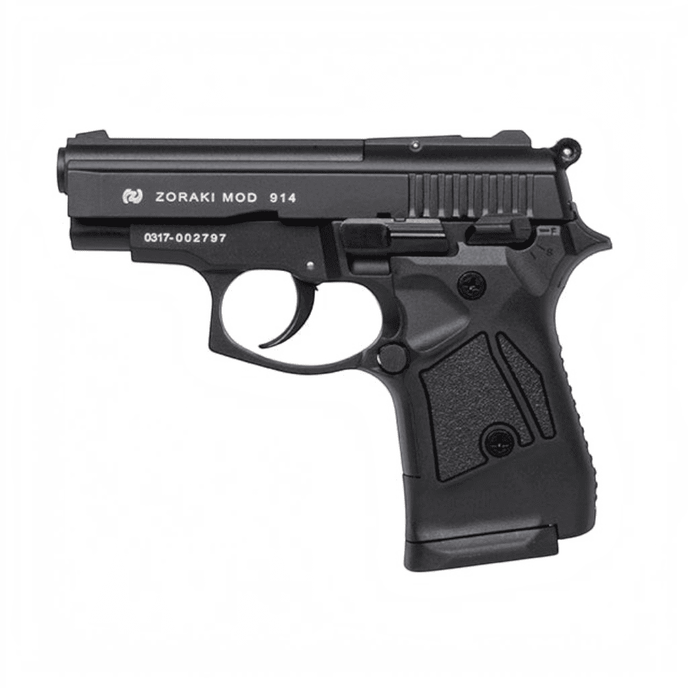 id-paintball Zoraki 914 Schreckschusspistole in Schwarz mit ergonomischem Griff und 9mm PAK Kaliber