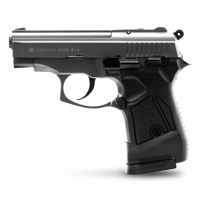 id-paintball Zoraki 914 Titan Schreckschusspistole in 9mm PAK mit schwarzem Griffstück und metallischem Finish